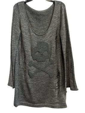 Chelsea & Violet Distressed Wide Scoop Neck Charcoal Knit Tunic withPearl Skull